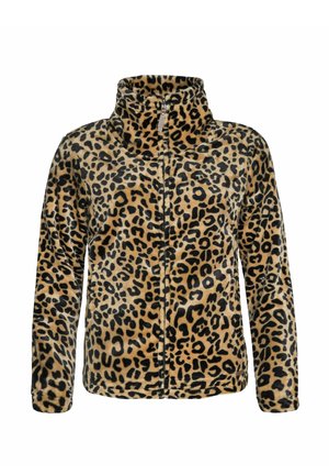 Veste polaire imprimé léopard avec fermeture éclair intégrale sur le devant, col montant, manches longues et tissu à texture douce.