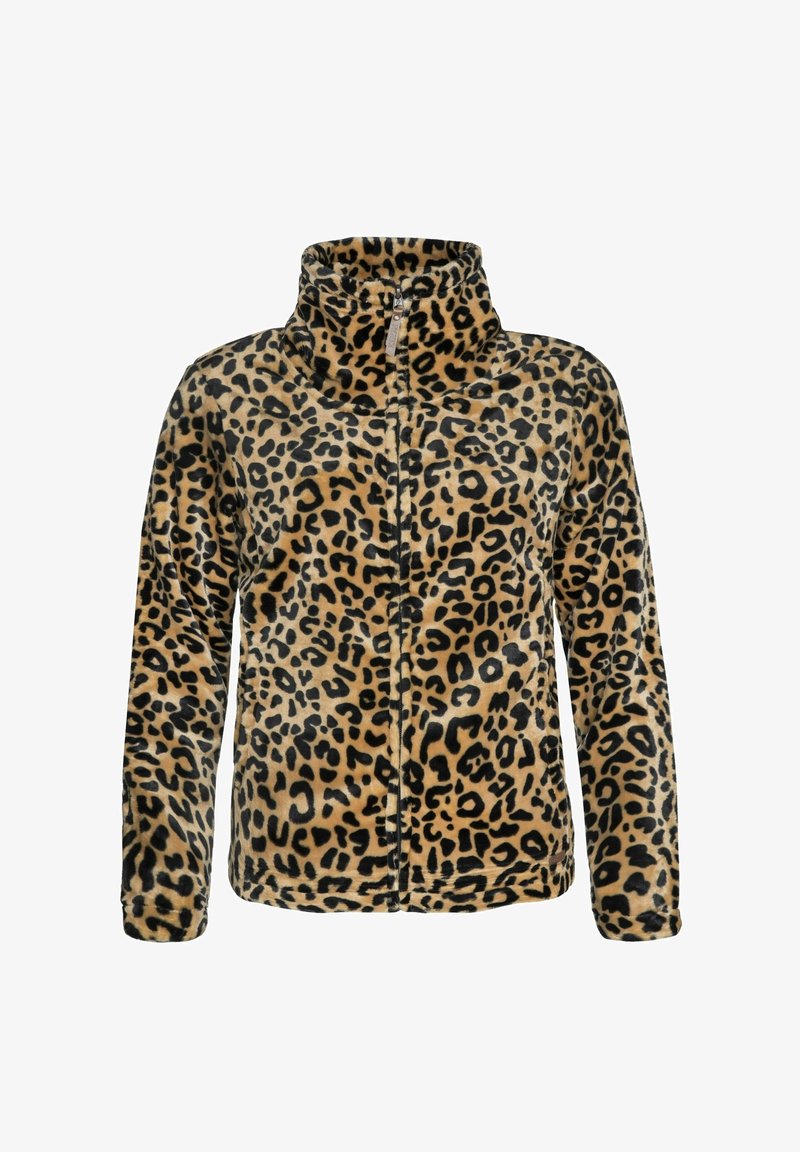 Veste polaire imprimé léopard avec fermeture éclair intégrale sur le devant, col montant, manches longues et tissu à texture douce.