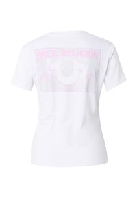 T-shirt blanc à manches courtes avec un grand logo True Religion rose et blanc ainsi qu'un design texte au dos.