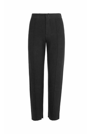 Pantaloni neri con design a gamba dritta, dotati di una vita, chiusura con un singolo bottone e dettagli di cucitura verticale.