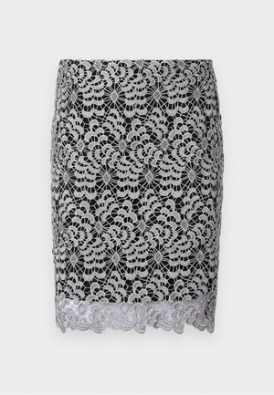 Black lace skirt with silver floral pattern, scalloped hem, and intricate crochet texture. Fitted design with a smooth lining underneath.
