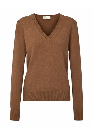 Bruine v-hals sweater gemaakt van zacht materiaal, met ribgebreide manchetten en zoom, een gladde textuur en een klassieke pasvorm.