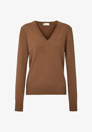 Pull en v marron en matière douce, avec des poignets et un ourlet côtelés, texture lisse et coupe classique.
