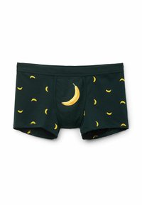 Boxers de color verde oscuro, fabricados con un material suave, decorados con patrones de plátanos amarillos, incluyendo un diseño de plátano más grande en la parte frontal.