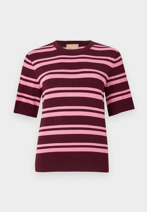 Striped knit sweater featuring wide burgundy and pink horizontal stripes, short sleeves, and a crew neckline. Smooth texture.