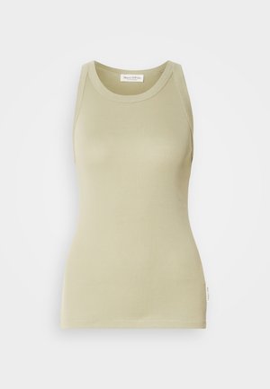 Hellgrünes Tanktop aus weichem Stoff. Verfügt über einen runden Ausschnitt und ein ärmelloses Design mit einem sauberen Finish.