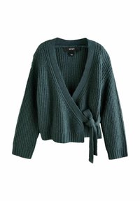 Dunkelgrüner gestrickter Cardigan mit Wickeldesign, langen Ärmeln und einer Bindeschließe in der Taille. Strukturierten Oberfläche, V-Ausschnitt, gerippte Bündchen und Saum.