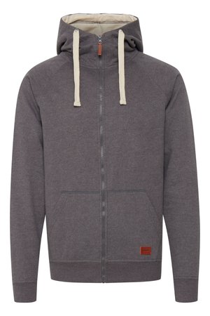 Gray zip-up hoodie with a drawstring hood, kangaroo pockets, and ribbed cuffs. Features a small branded leather tag on the front.