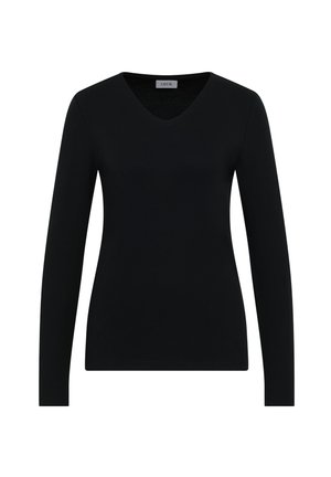 Maglietta nera a maniche lunghe con scollo a V, realizzata in tessuto liscio, caratterizzata da un design semplice e aderente con orlo dritto e senza motivi o decorazioni visibili.