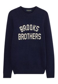 Maglione lavorato a maglia blu navy con il testo "BROOKS BROTHERS" in crema, scollatura rotonda e polsini e orlo a coste.