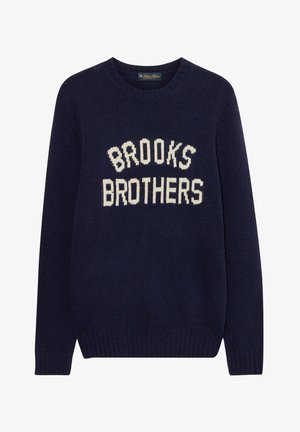 Maglione lavorato a maglia blu navy con il testo "BROOKS BROTHERS" in crema, scollatura rotonda e polsini e orlo a coste.