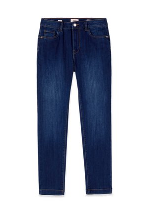 Donkerblauwe slim-fit jeans met voorzakken, riemlussen, knoopsluiting en subtiele vervaagde wassing op dijen en knieën.