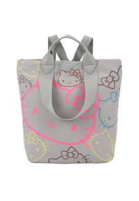 Borsa a spalla grigia con vari design di Hello Kitty in rosa, blu, giallo e marrone. Tessuto morbido con doppi manici.