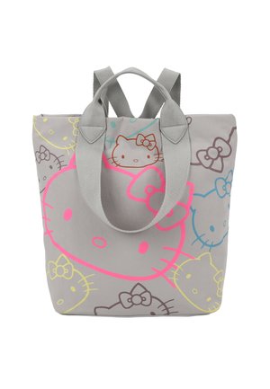 Borsa a spalla grigia con vari design di Hello Kitty in rosa, blu, giallo e marrone. Tessuto morbido con doppi manici.