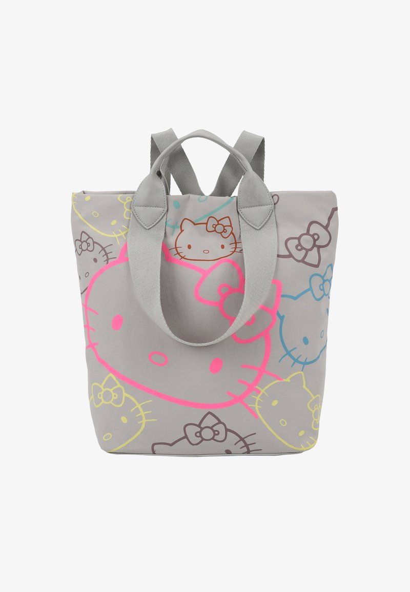 Borsa a spalla grigia con vari design di Hello Kitty in rosa, blu, giallo e marrone. Tessuto morbido con doppi manici.