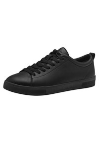 Schwarze Ledersneaker mit runder Zehenpartie, flacher schwarzer Gummisohle und Standard-Schnürung. Glatte Textur mit subtilen Nähdetails.