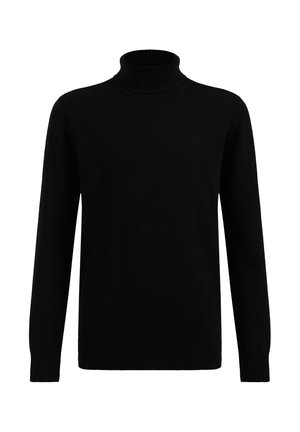 Melnā turtleneck krekls, izgatavots no gludas džersija auduma. Ar garām piedurknēm un ribotiem apkakles un aprocēm. Vienkāršs dizains, bez rakstiem vai akcentiem.