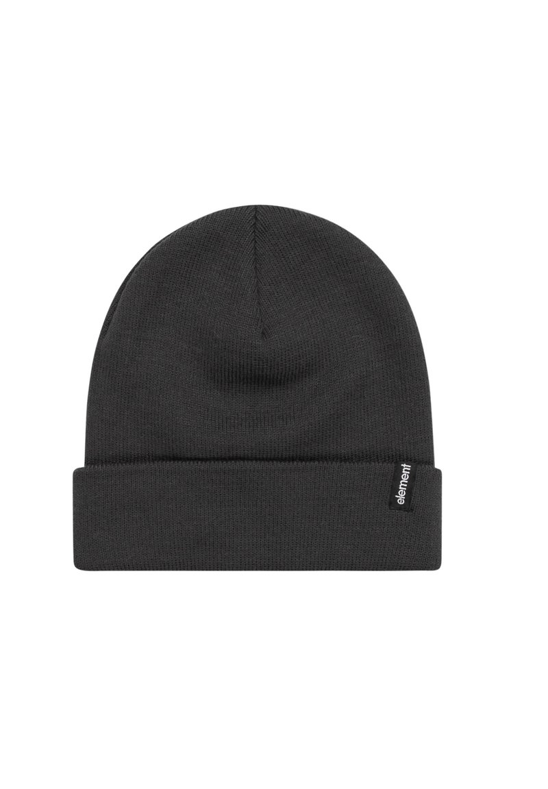 Grijze gebreide beanie met een omgeslagen ontwerp, gemaakt van zachte stof. Kenmerkt zich door een klein zwart merklabel aan de zijkant. Standaardvorm, lichtgewicht.