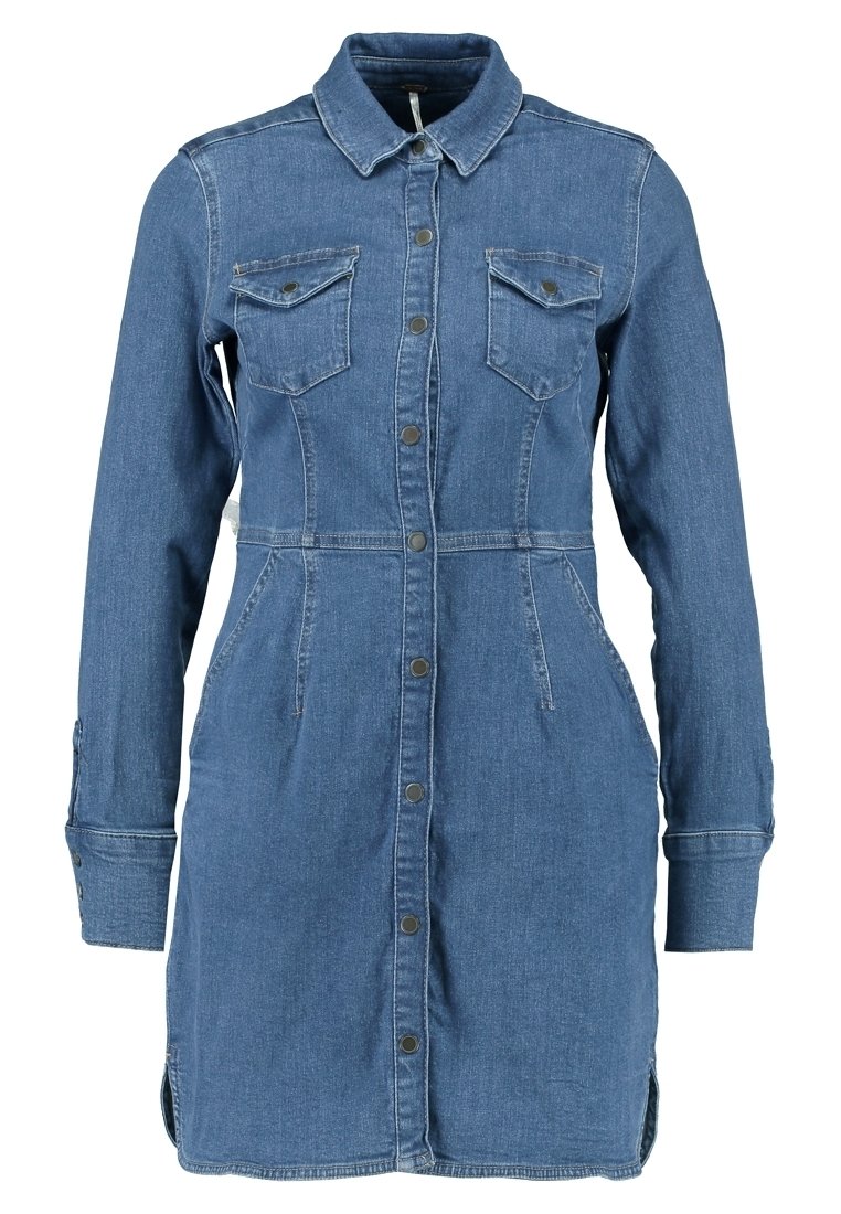 chinese dress ladies Button Up Notched Long Sleeve Denim Dress Light Blue / M main image 1