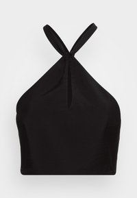 Top halter preto feito de um tecido suave e elástico. Apresenta um laço no pescoço e uma textura lisa, sem padrões ou detalhes adicionais.
