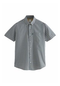 Camisa de manga corta con botones, confeccionada en suave tela de algodón, con un patrón a cuadros azul y blanco, con cuello y un bolsillo en el pecho.