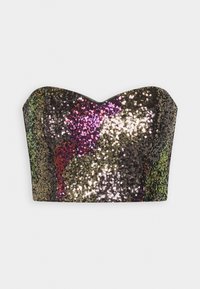Crop top sans bretelles à sequins avec un décolleté en forme de cœur, ornée de sequins scintillants multicolores en tons doré, violet, vert et noir.