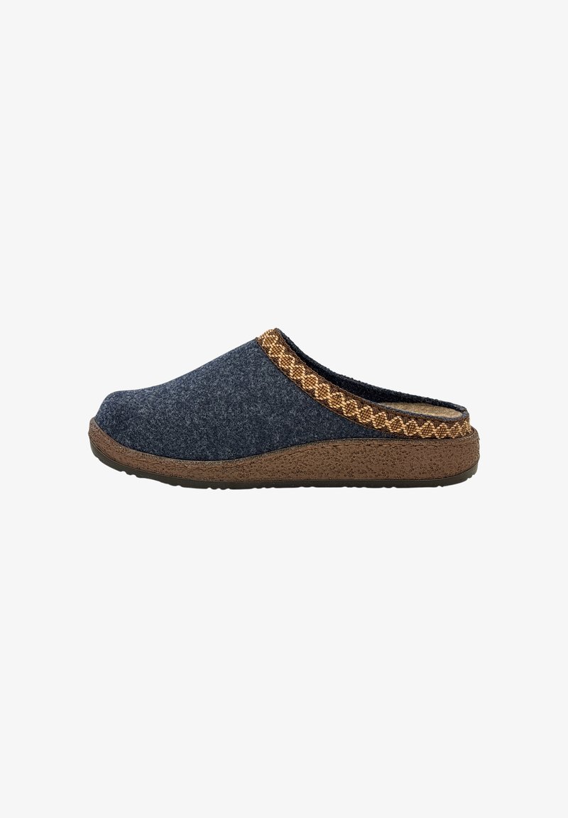 Charentais bleu marine à enfiler avec semelle texturée marron et bordure tissée, vue de côté, conçu pour le confort intérieur.