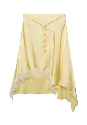 Gonna asimmetrica in raso giallo con bordo in pizzo sull'orlo e dettaglio annodato intrecciato in vita.