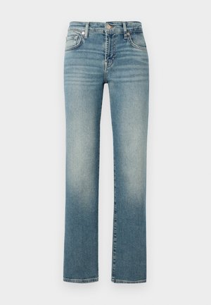 Jean en denim bleu avec une coupe droite, présentant des zones décolorées, un design à cinq poches et une fermeture en métal à la taille.