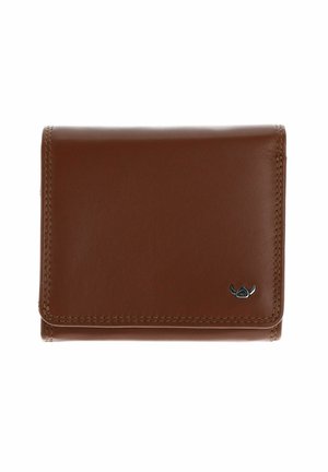 Portefeuille en cuir marron avec des coutures visibles et un petit emblème argenté en bas à droite.