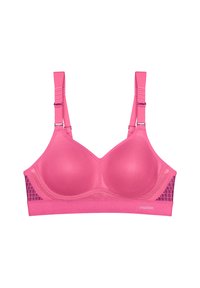 Różowy biustonosz z fiszbinami o teksturowanej powierzchni, formowane miseczki, regulowane ramiączka oraz geometryczny wzór po boku. Na opasce znajduje się logo.