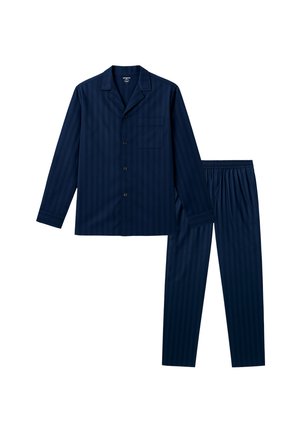 Haut à manches longues en coton bleu marine à rayures pour homme, avec col et poche poitrine, associé à un pantalon élastique assorti.