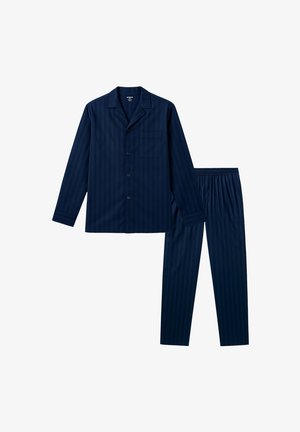 Haut à manches longues en coton bleu marine à rayures pour homme, avec col et poche poitrine, associé à un pantalon élastique assorti.