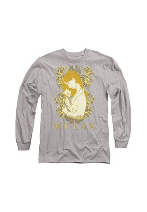Gray long-sleeve shirt with yellow graphic of a woman holding a flower, surrounded by floral designs, and the word "MULAN" below.