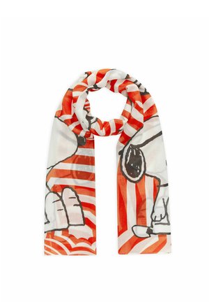 Écharpe légère avec un fond rayé rouge et blanc présentant des illustrations de chiens dessinés en noir et blanc.