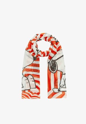 Leichter Schal mit rot-weiß gestreiftem Hintergrund und schwarz-weißen Cartoon-Hundillustrationen.