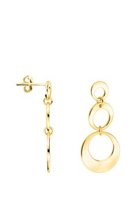 Boucles d'oreilles en teinte dorée avec des formes circulaires liées de tailles variées. Fini lisse et poli avec une fermeture à clou. Design léger.