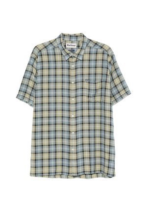 Kurzärmeliges Hemd zum Knöpfen mit kariertem Muster in Beige, Grau und Hellblau und einer aufgesetzten Brusttasche mit dem Aufdruck Barbour.