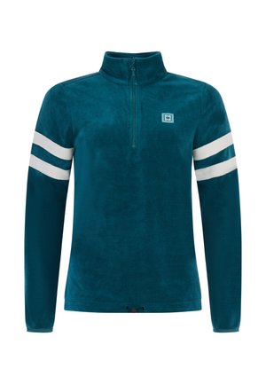 Pullover in pile color teal con zip a un quarto, caratterizzato da strisce bianche sulle maniche e un logo sul petto. Tessuto morbido, maniche lunghe.