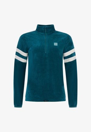 Pullover in pile color teal con zip a un quarto, caratterizzato da strisce bianche sulle maniche e un logo sul petto. Tessuto morbido, maniche lunghe.