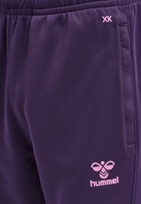 Paarse sportbroek van gladde stof, met een roze logo en accent, een elastische tailleband en zijzakken.