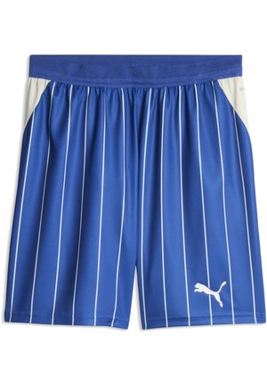 Blaue Sportsshorts mit weißen vertikalen Streifen, weißen Seitenpaneelen, elastischem Bund und weißem Puma-Logo am unteren rechten Bein.