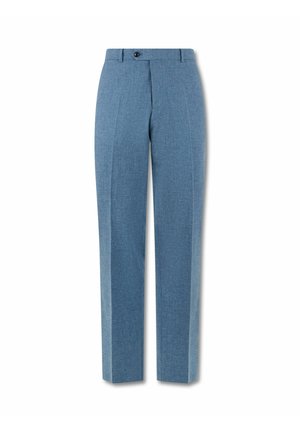 Pantaloni da uomo su misura azzurri chiari con piega frontale, vita, passanti per cintura e chiusura con un solo bottone.