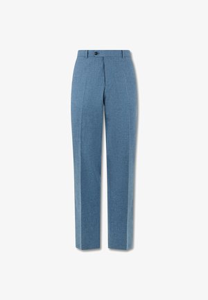 Hellblaue, maßgeschneiderte Herrenhose mit Bügelfalte vorne, Bund, Gürtelschlaufen und Ein-Knopf-Verschluss.