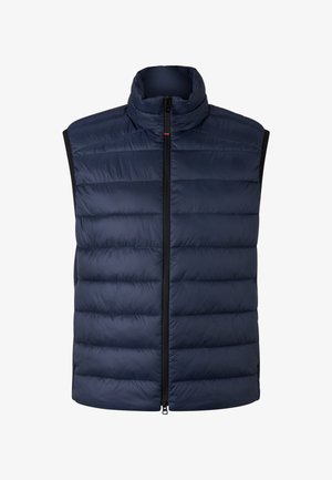 Navy puffer vest with a high collar, zipper closure, and horizontal stitching pattern. Features black accents along armholes.