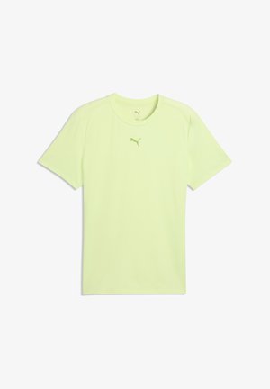 Limegrøn kortærmet t-shirt lavet af letvægtsstof, med en lille ton-i-ton logo på brystet og rund halsudskæring.