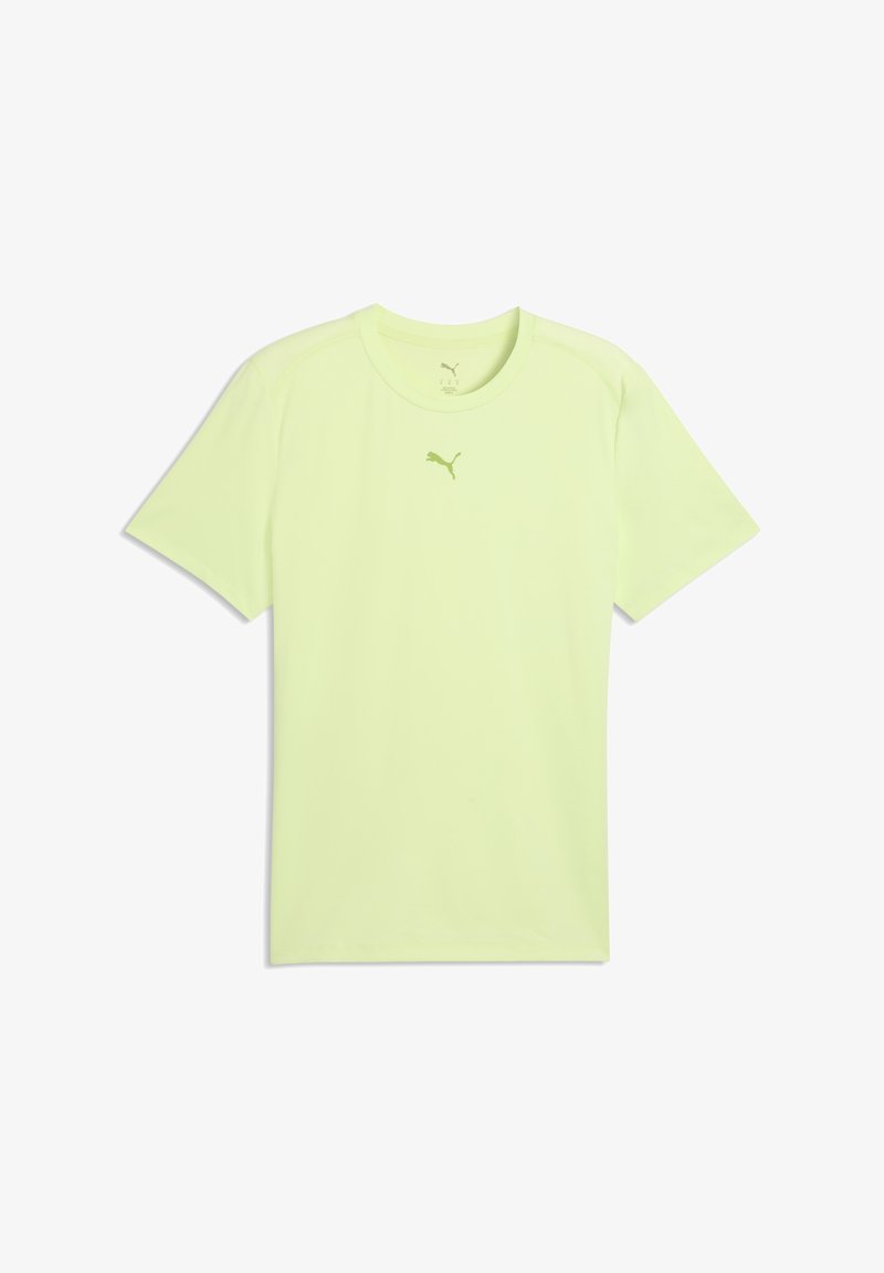T-shirt vert citron à manches courtes en tissu léger, avec un petit logo ton sur ton sur la poitrine et un col rond.