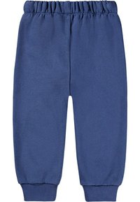 Navyblauwe joggerbroeken met een elastische tailleband, taps toelopende boorden en een gladde textuur. Eenvoudig ontwerp, zonder zichtbare patronen of accenten.