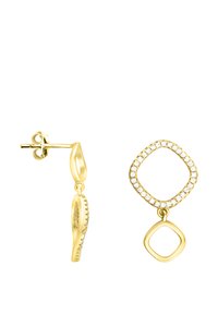 Guldfärgade hängande örhängen med en kvadratisk outline prydd med små klara kristaller, med en elegant vriden design på kroken.