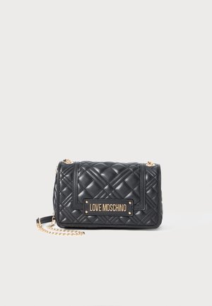 Black quilted Love Moschino handbag with gold chain strap and gold brand logo plaque on front flap.